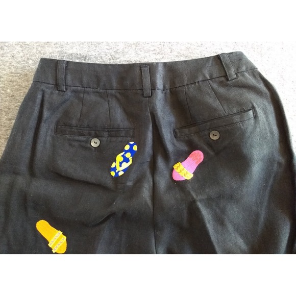 Deane & White 100% Linen‎ Pants Black Cropped Embroidered Flip Flops Womens 8 - Picture 10 of 16